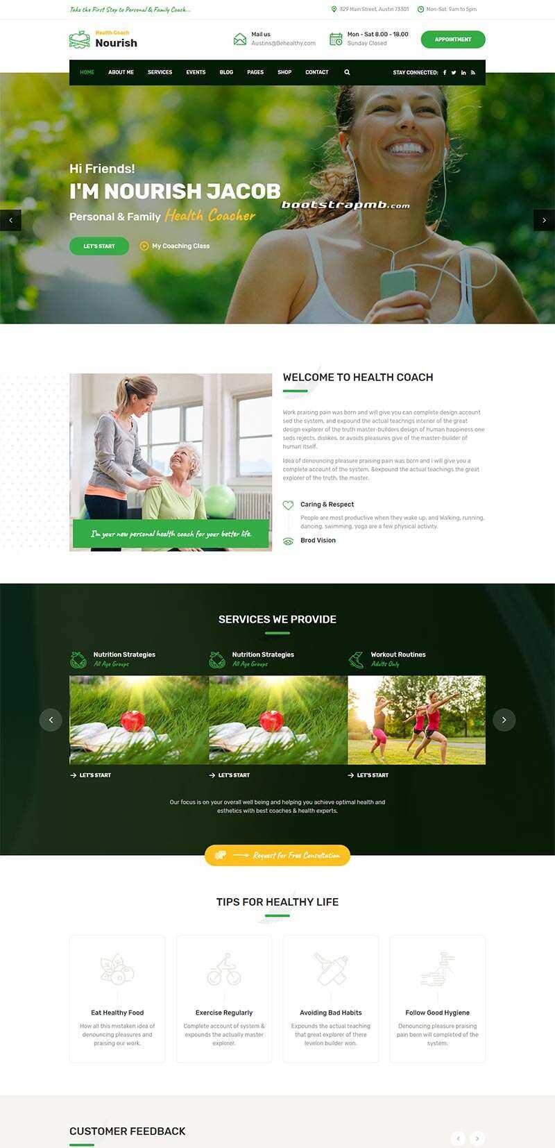 Bootstrap绿色的健康指导生活服务网站html模板 发卡网创- 首码创想网创资源