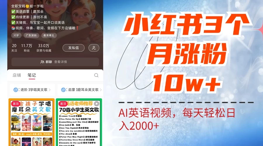 小红书三个月涨粉10W，AI英语视频0成本制作，每天轻松日入2000+ 发卡网创- 首码创想网创资源