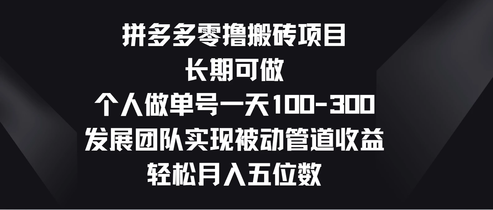 拼多多零撸搬砖项目，长期可做，个人做单号一天100-300，发展团队实现被动管道收益，轻松月入五位数 发卡网创- 首码创想网创资源