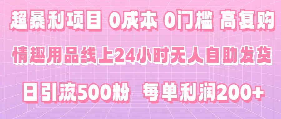 超暴利项目，情趣用品线上24小时-无人自助发货，0成本，0门槛，高复购，有手就能做，日引500粉，每单利润200+ 发卡网创- 首码创想网创资源