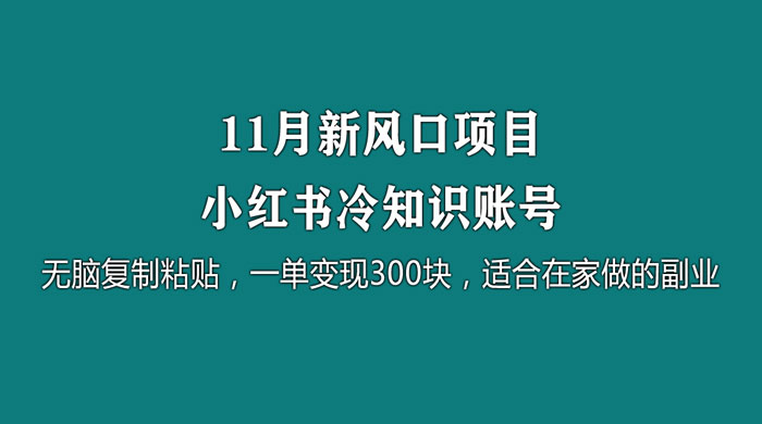 11 月新风口项目，小红书冷知识账号，无脑复制粘贴，一单变现 300 块，适合在家做的副业 发卡网创- 首码创想网创资源