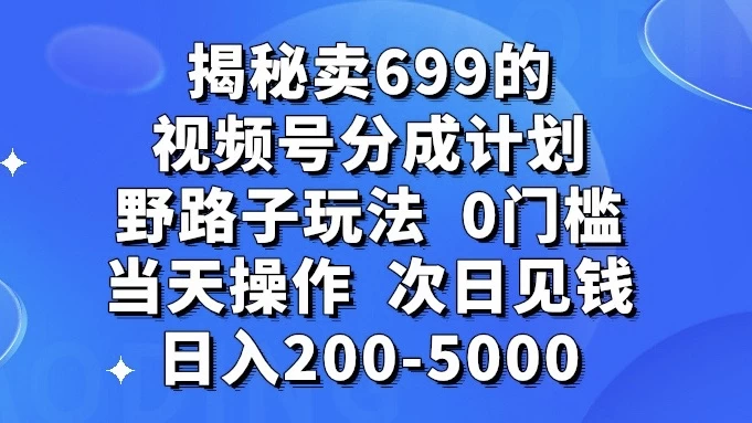 揭秘卖 699 的视频号分成计划野路子玩法，日入 200-5000，0 门槛，当天操作，次日见钱 发卡网创- 首码创想网创资源
